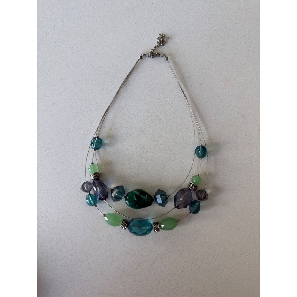 Multi Strand Beaded Statement Necklace Green Teal Purple Silver Tone Layered Bib